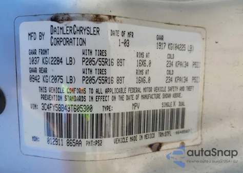 2003 Chrysler Pt Cruiser Touring из США, поврежденный, VIN 3C4FY58B43T605300